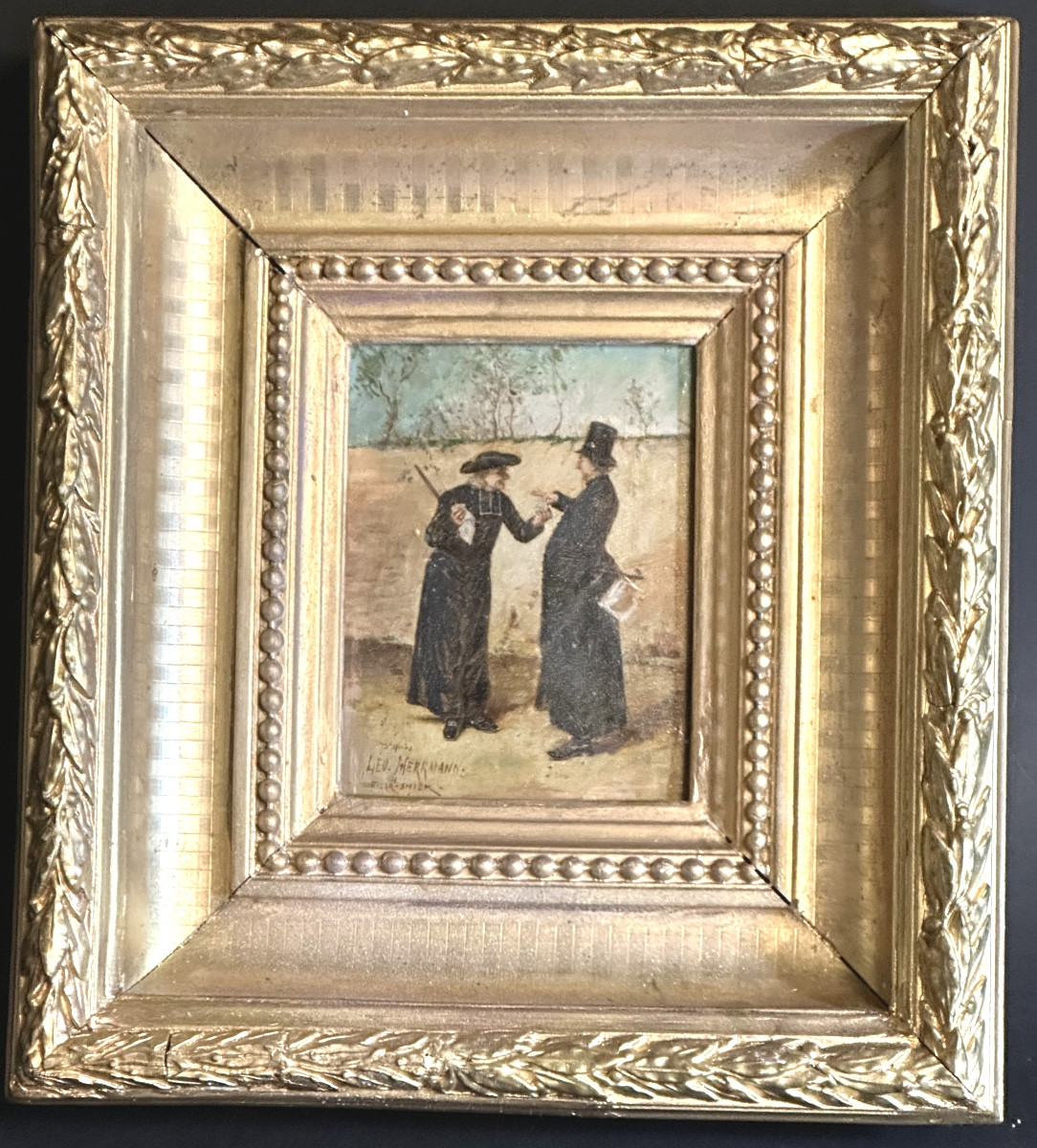 Ernest Marie CROSNIER 1832-1885 Huile Curé et notable d’après Léo Herrmann XIXe Très bon état 