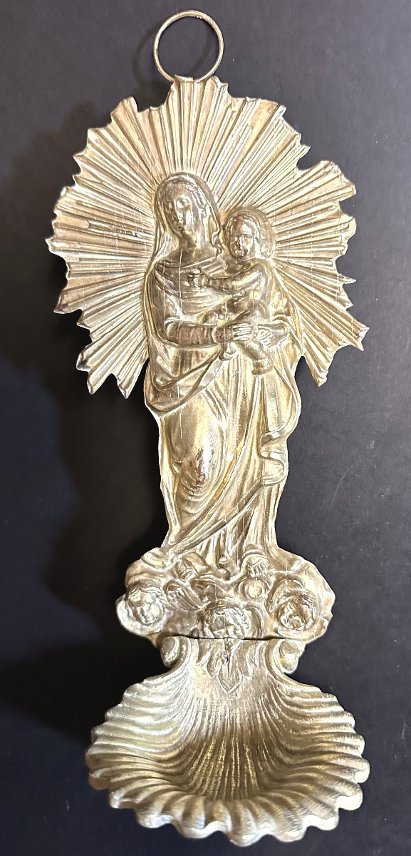 Ancien bénitier XIXe en bronze et laiton Vierge Marie Jésus et anges 