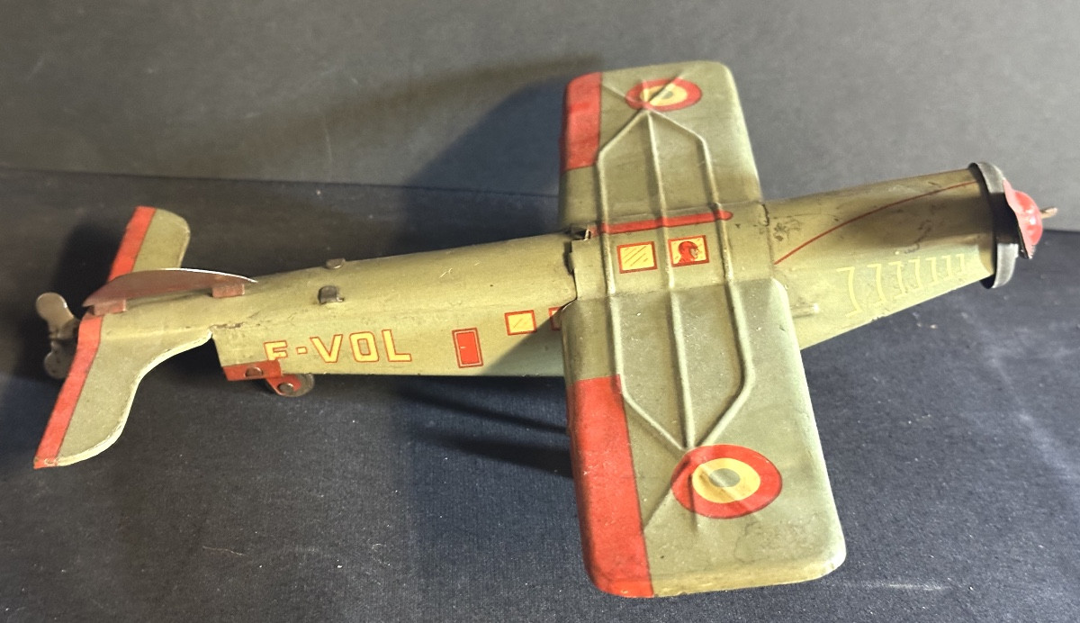 Vintage Joustra F-vol Wind-up Toy Airplane, Lithographed Tinplate, Propeller. Very Good Condition /10 -photo-2