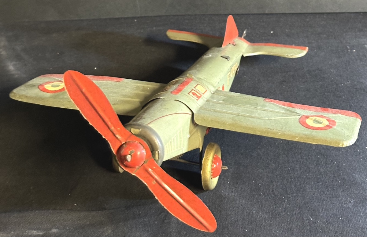 Vintage Joustra F-vol Wind-up Toy Airplane, Lithographed Tinplate, Propeller. Very Good Condition /10 -photo-2