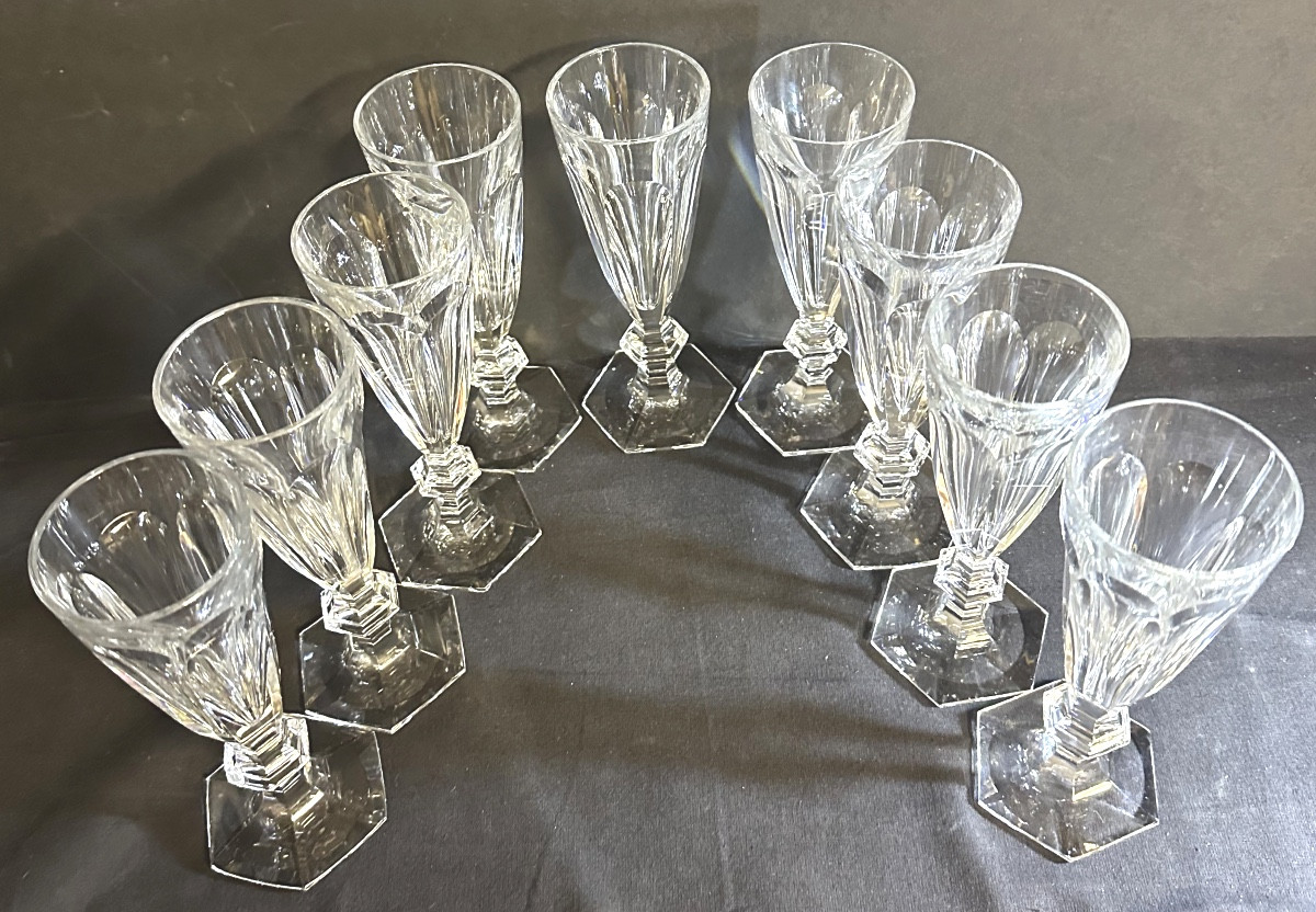 Baccarat 9 Crystal Champagne Flutes, Harcourt Model 1841, Signed. In Very Good Condition. -photo-2
