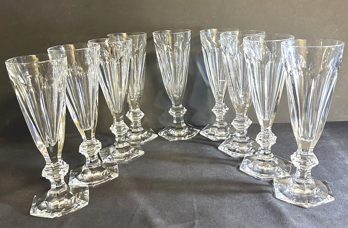 Baccarat 9 Crystal Champagne Flutes, Harcourt Model 1841, Signed. In Very Good Condition. -photo-4