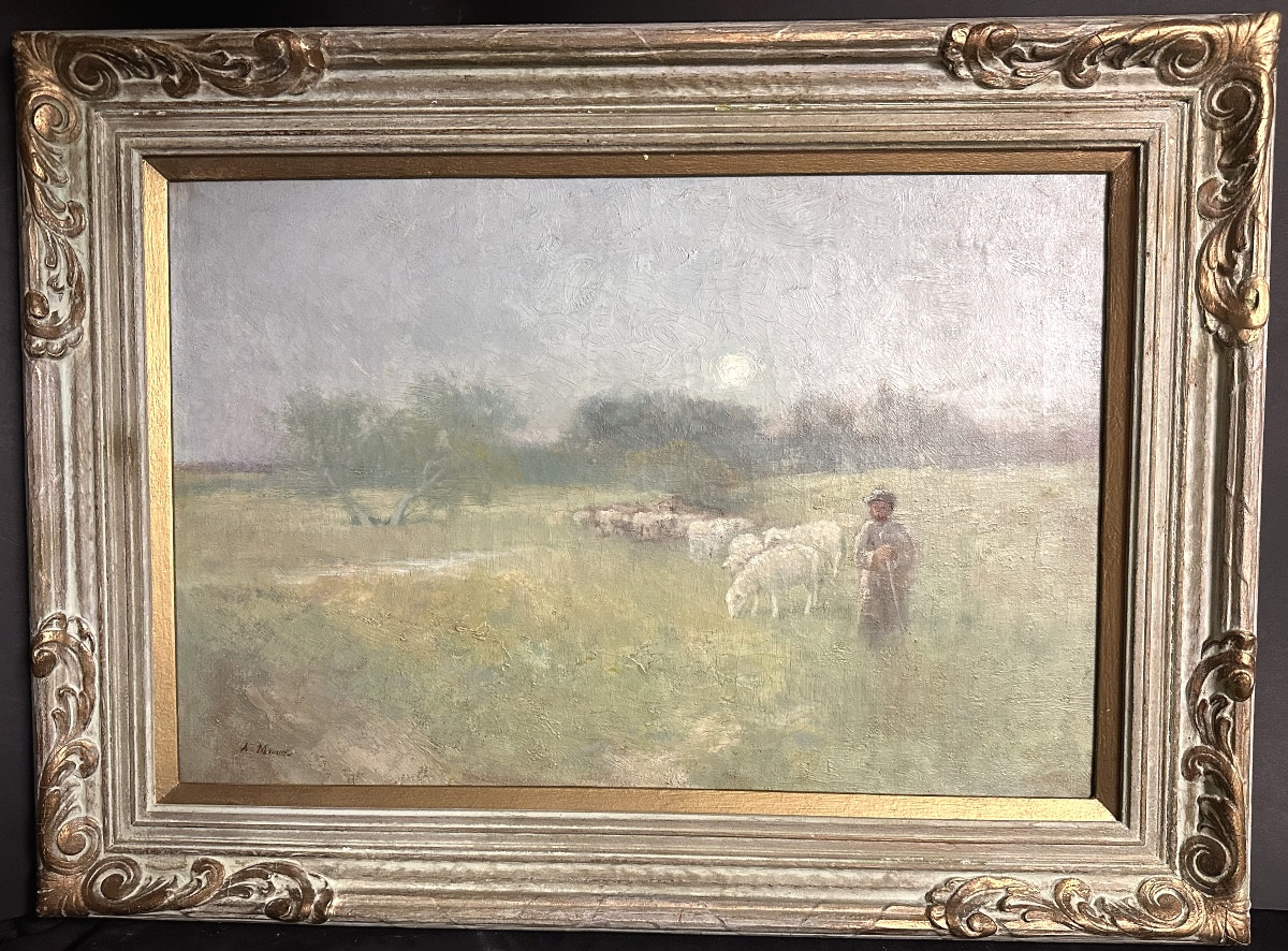 Anton MAUVE 1838-1888 Pays Bas Grande huile bergère et moutons au lever de soleil Van Gogh-photo-2