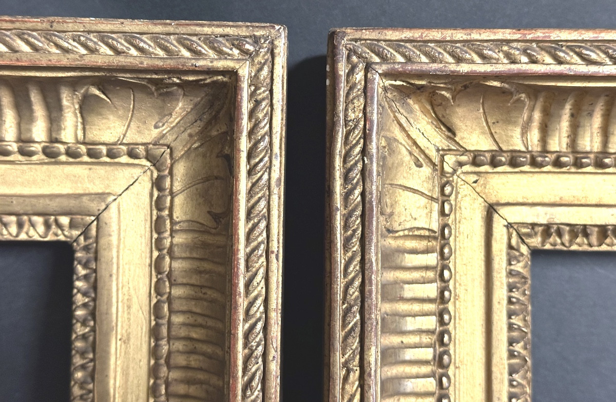 RARE paire de cadres à canaux XIXe 25x21,5cm en bois doré -photo-2