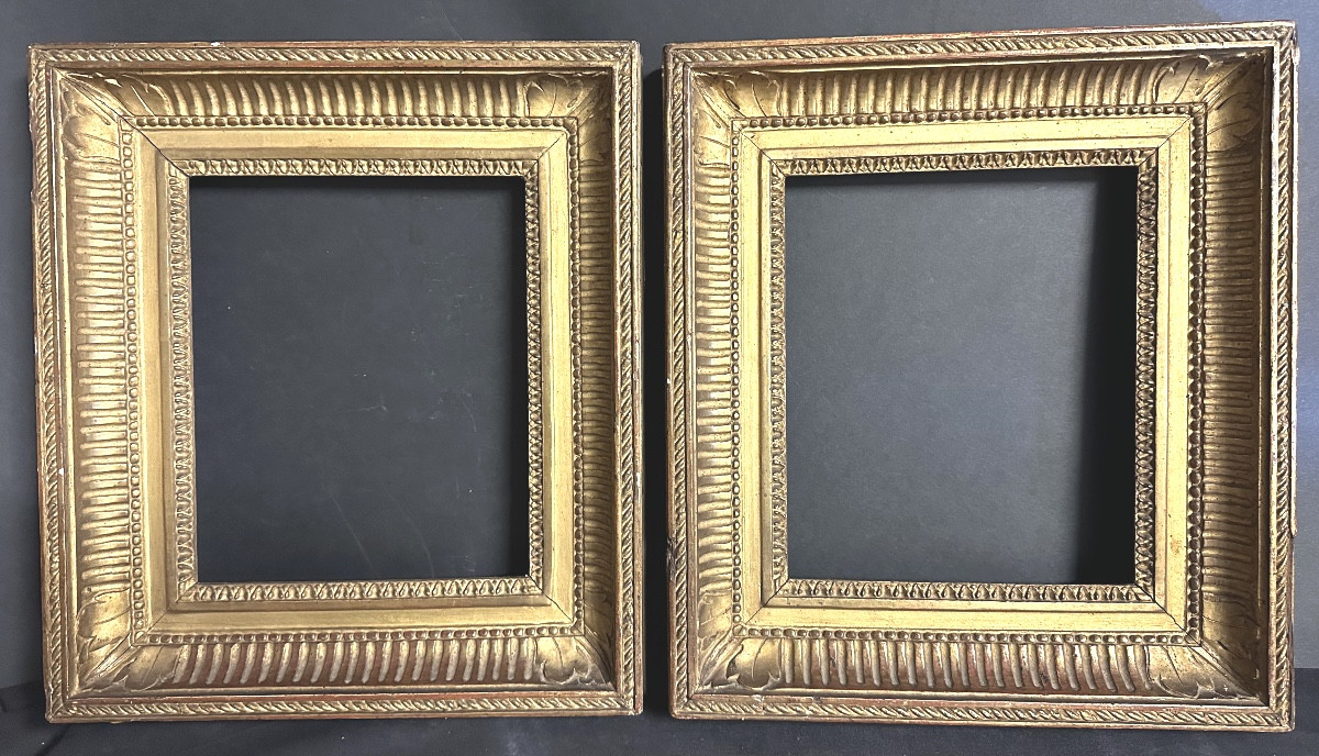 RARE paire de cadres à canaux XIXe 25x21,5cm en bois doré 