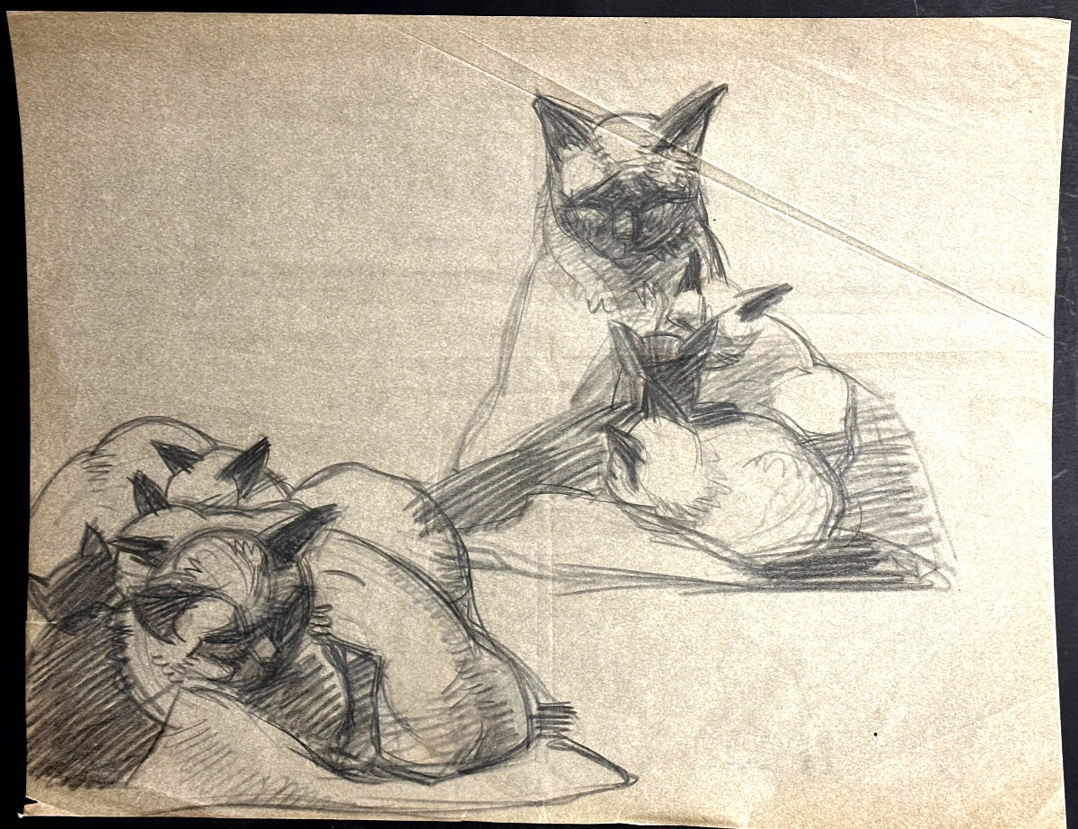 Helene VOGT 1902-1994 Nancy Grand fusain CHATS et chatons Art Deco signé chat chatte /4