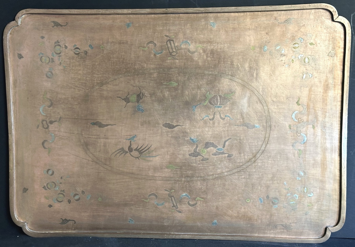 CHINE Rare plateau à opium fin 19e en cuivre incrusté de dragon phénix tortue pour fumeurs