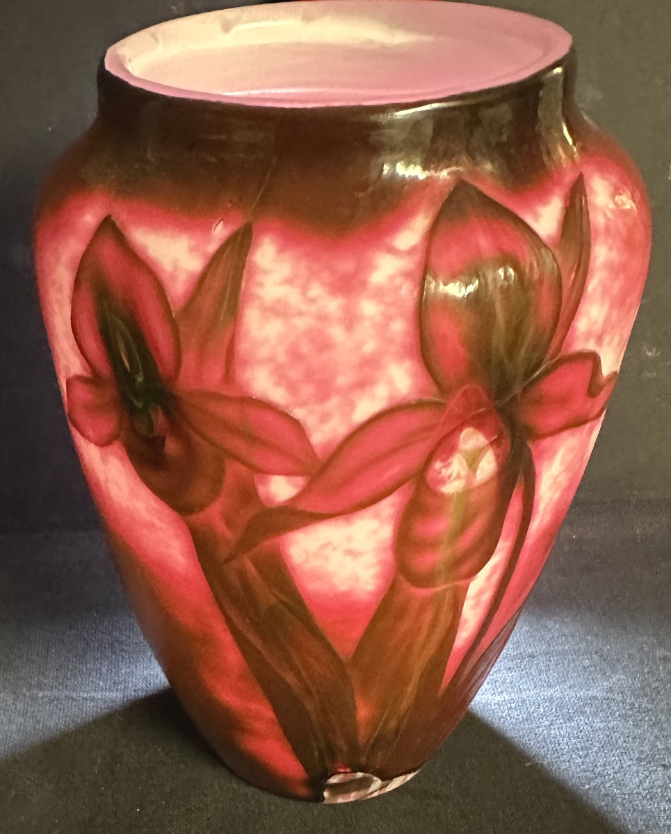 Attributed To Désiré Christian 1846-1907, Rare Vase Of Orchids In Engraved And Hammered Glass, Meisenthal -photo-1