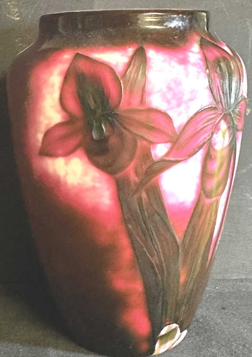 Attributed To Désiré Christian 1846-1907, Rare Vase Of Orchids In Engraved And Hammered Glass, Meisenthal 