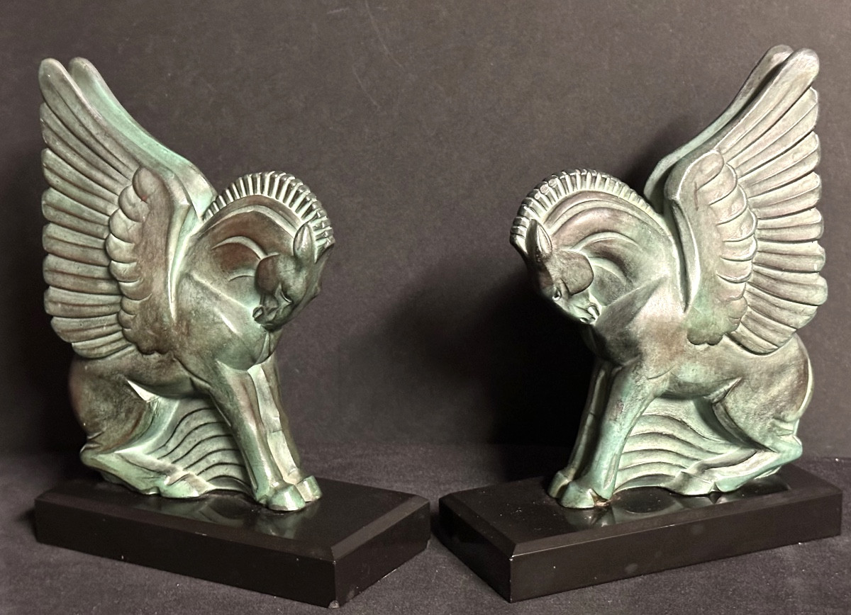 Gh Laurent 1880-1940 For Max Le Verrier Pegasus Pair Of Bookends 1930 Art Deco Referenced -photo-3
