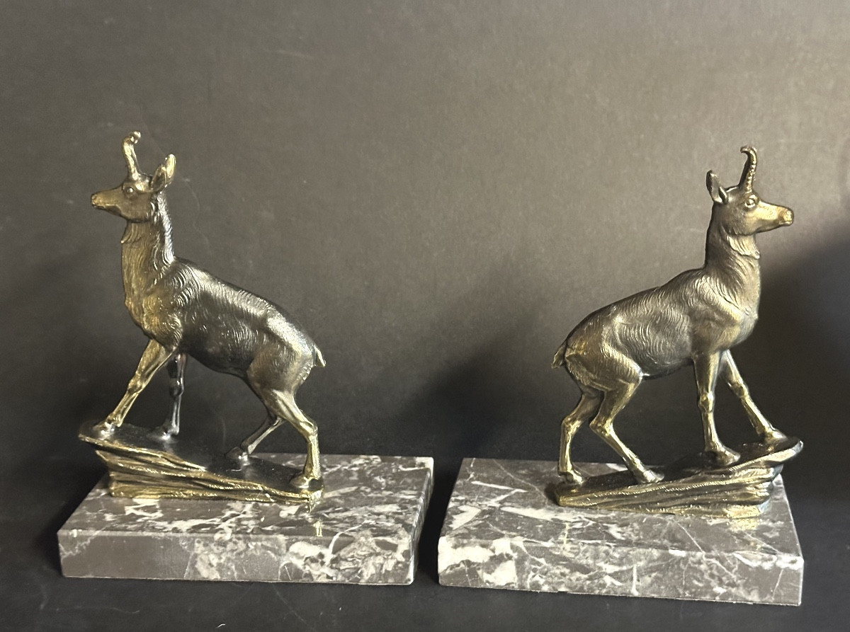 Pair Of Art Deco Chamois Bookends With Ibex Design, Alpine Mountain Style. Very Good Condition.-photo-2
