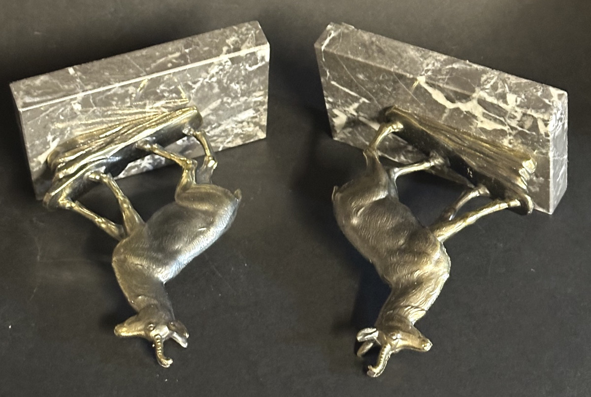 Pair Of Art Deco Chamois Bookends With Ibex Design, Alpine Mountain Style. Very Good Condition.-photo-3