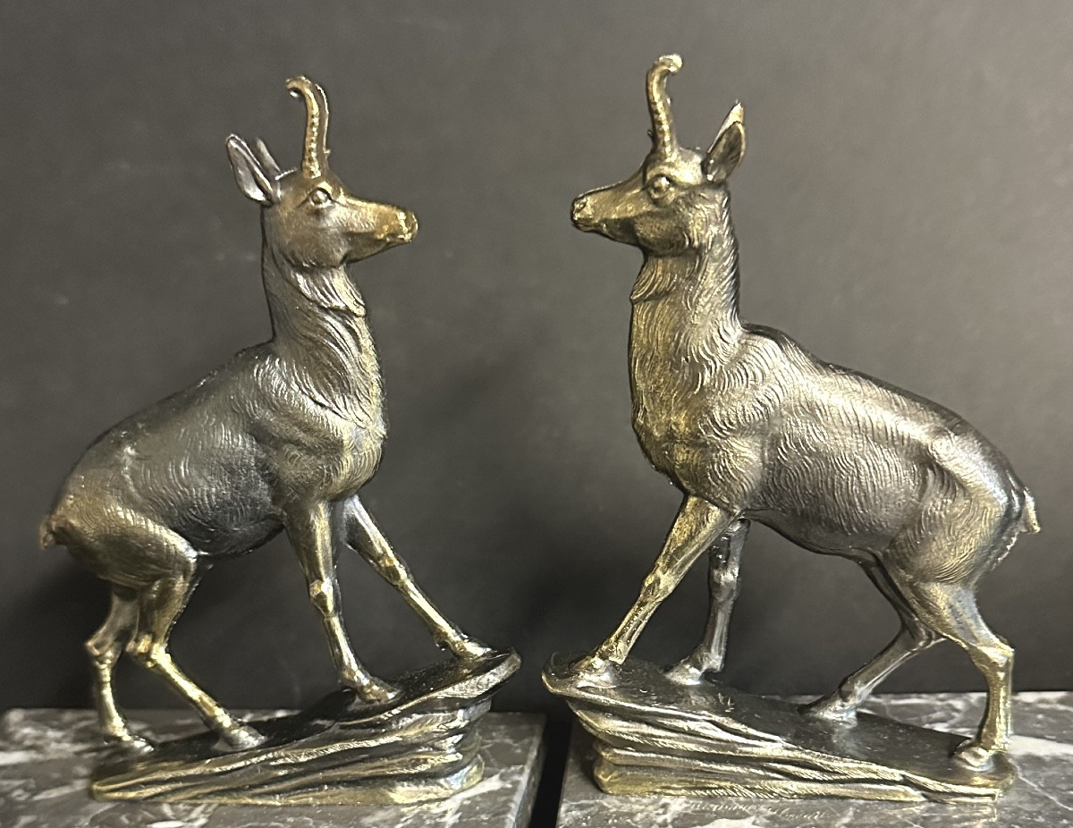 Pair Of Art Deco Chamois Bookends With Ibex Design, Alpine Mountain Style. Very Good Condition.-photo-4