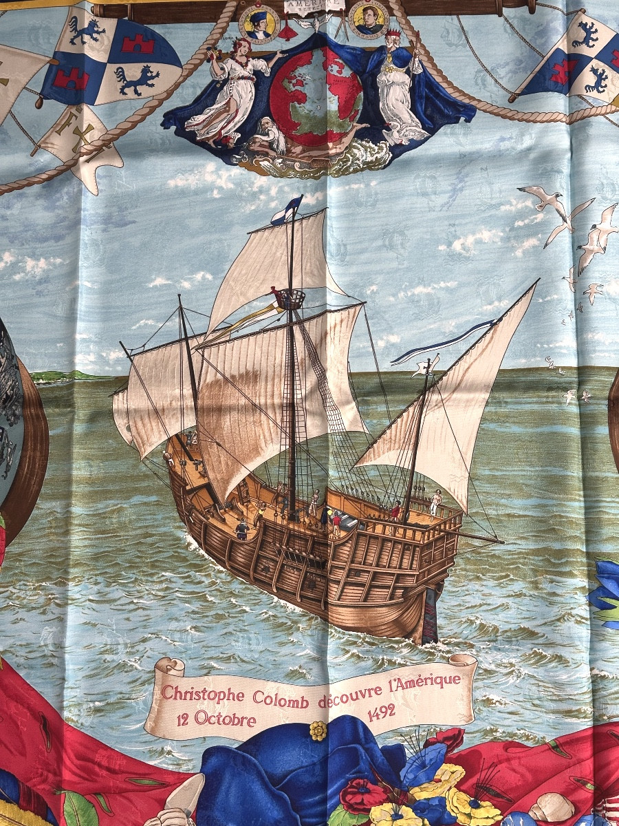 Hermès Silk Scarf 1992 Christopher Columbus Discovers America Near Mint Condition Special Edition-photo-3