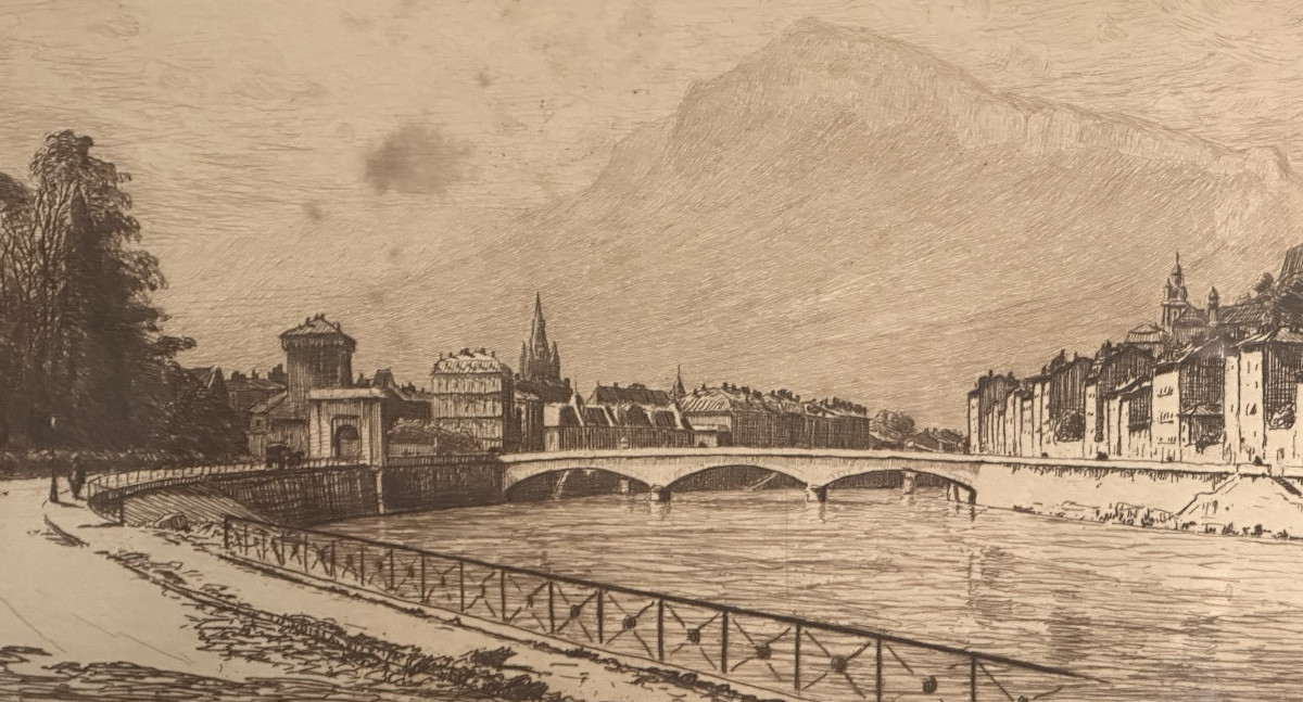Joanny DREVET 1889-1969 GRENOBLE quais de l’Isere Vercors Moucherotte gravure Dauphiné-photo-1