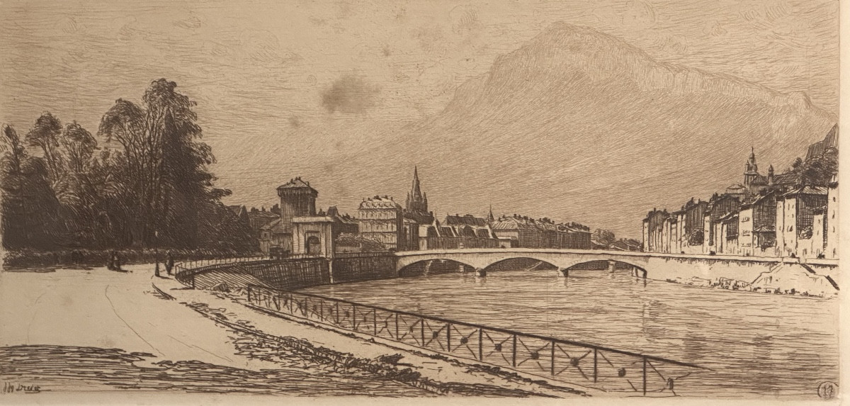 Joanny DREVET 1889-1969 GRENOBLE quais de l’Isere Vercors Moucherotte gravure Dauphiné