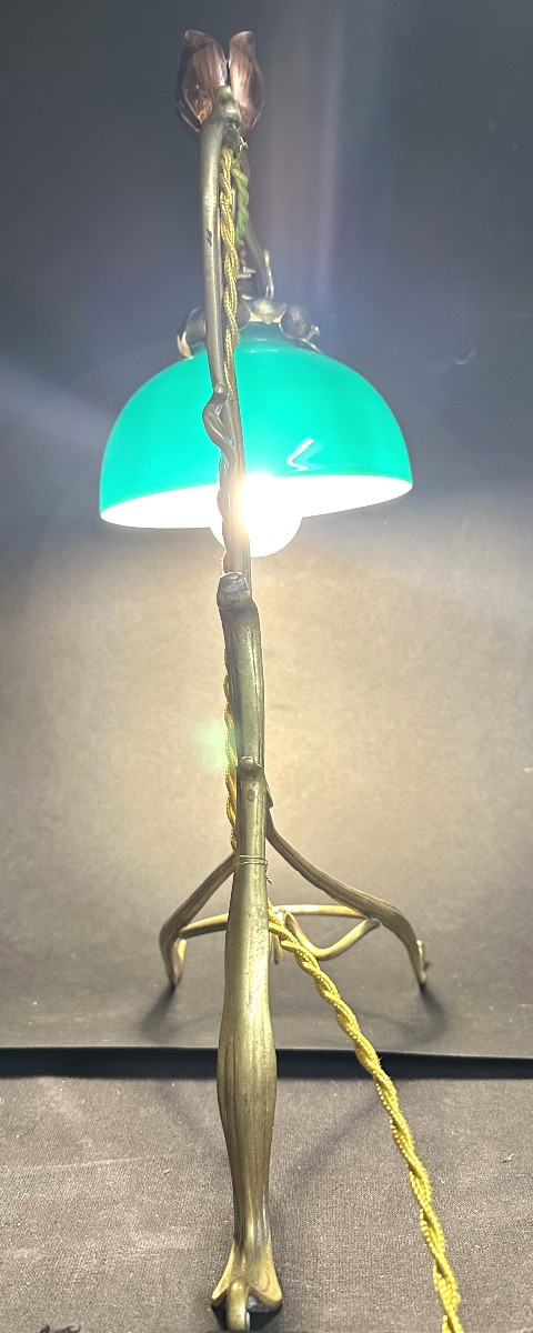 Rare Art Nouveau Lamp Circa 1900 In Bronze And Opaline Glass, 46cm, With A Flower Bud, In Very Good Condition. -photo-2