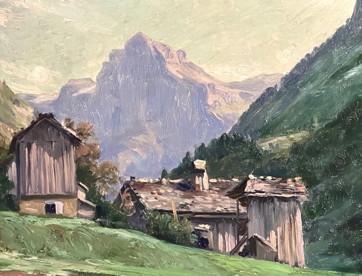 Hippolyte Mouthier 1880-1975 Oil Painting, Le Tenneverge, Griffe, Haute-savoie, Alps, Mountain -photo-2