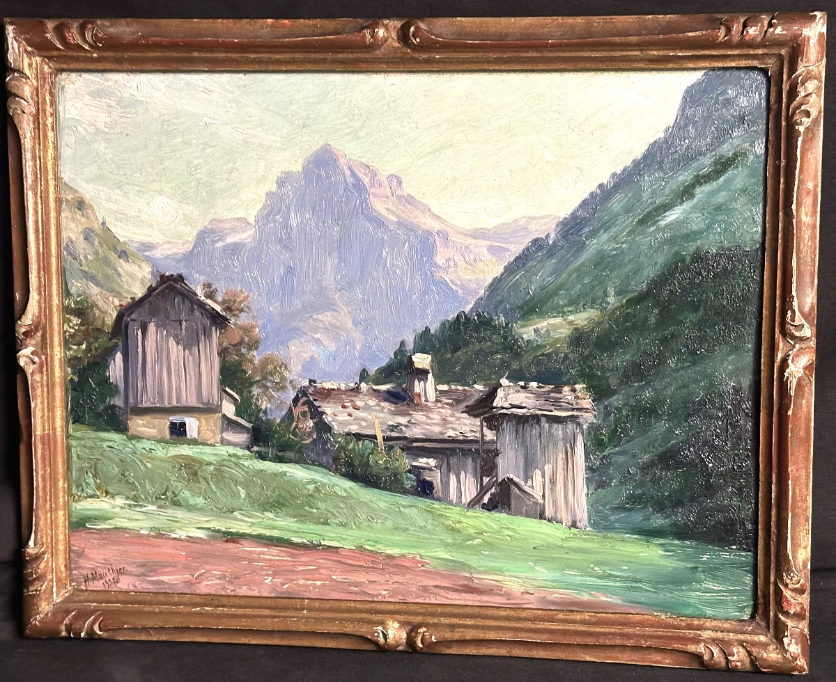 Hippolyte Mouthier 1880-1975 Oil Painting, Le Tenneverge, Griffe, Haute-savoie, Alps, Mountain 