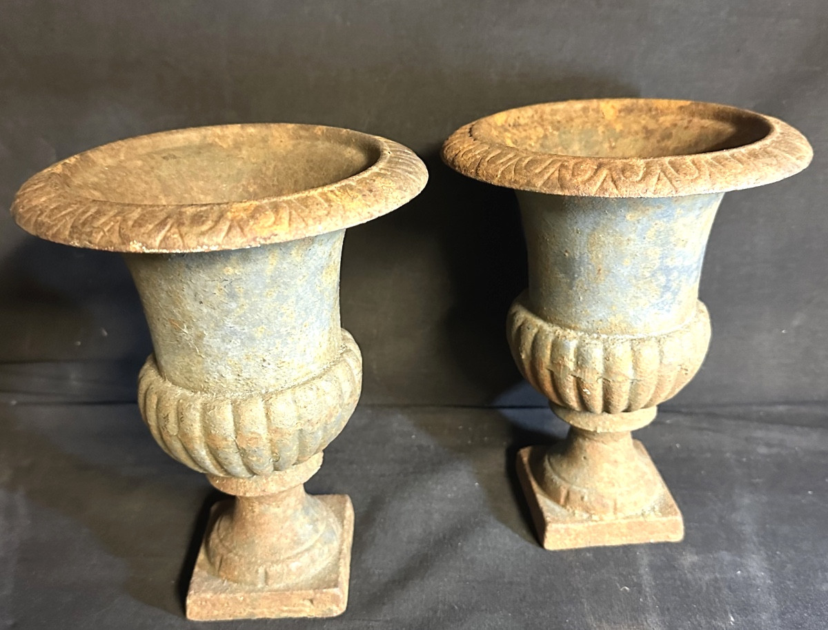 Rare paire XIXe de petits vases Médicis 19 cm en fonte Très bon état.