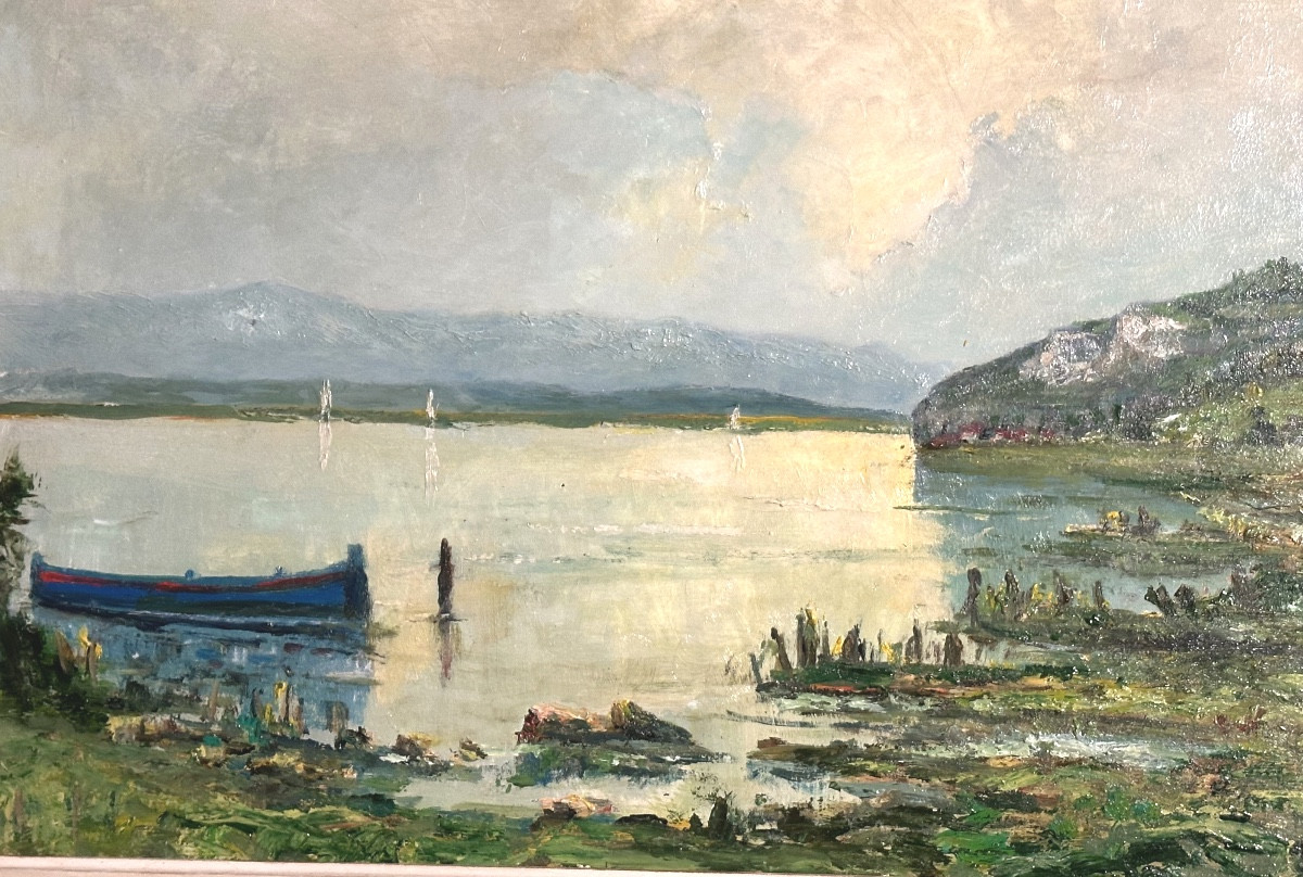 Paul Jouvet 1892-1981, Oil Painting Lake Annecy With Boat And Sailboats, Haute-savoie, Alps