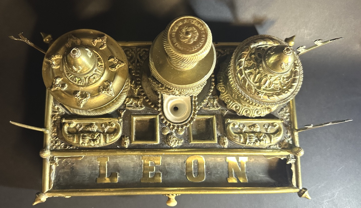 Rare encrier XIXe bronze et porcelaine LEON sur roulettes ensemble de bureau-photo-3