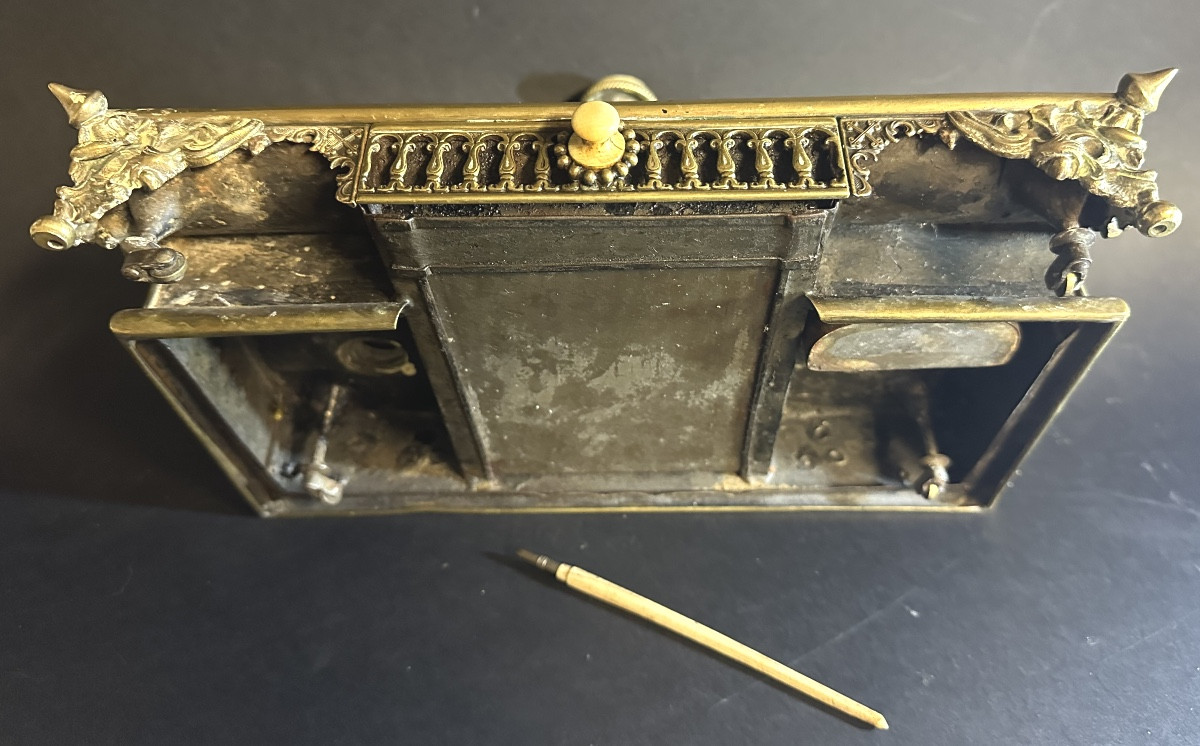 Rare encrier XIXe bronze et porcelaine LEON sur roulettes ensemble de bureau-photo-2