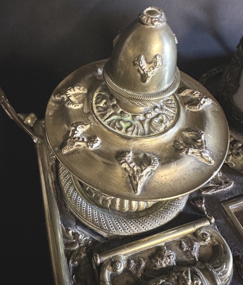 Rare encrier XIXe bronze et porcelaine LEON sur roulettes ensemble de bureau-photo-5