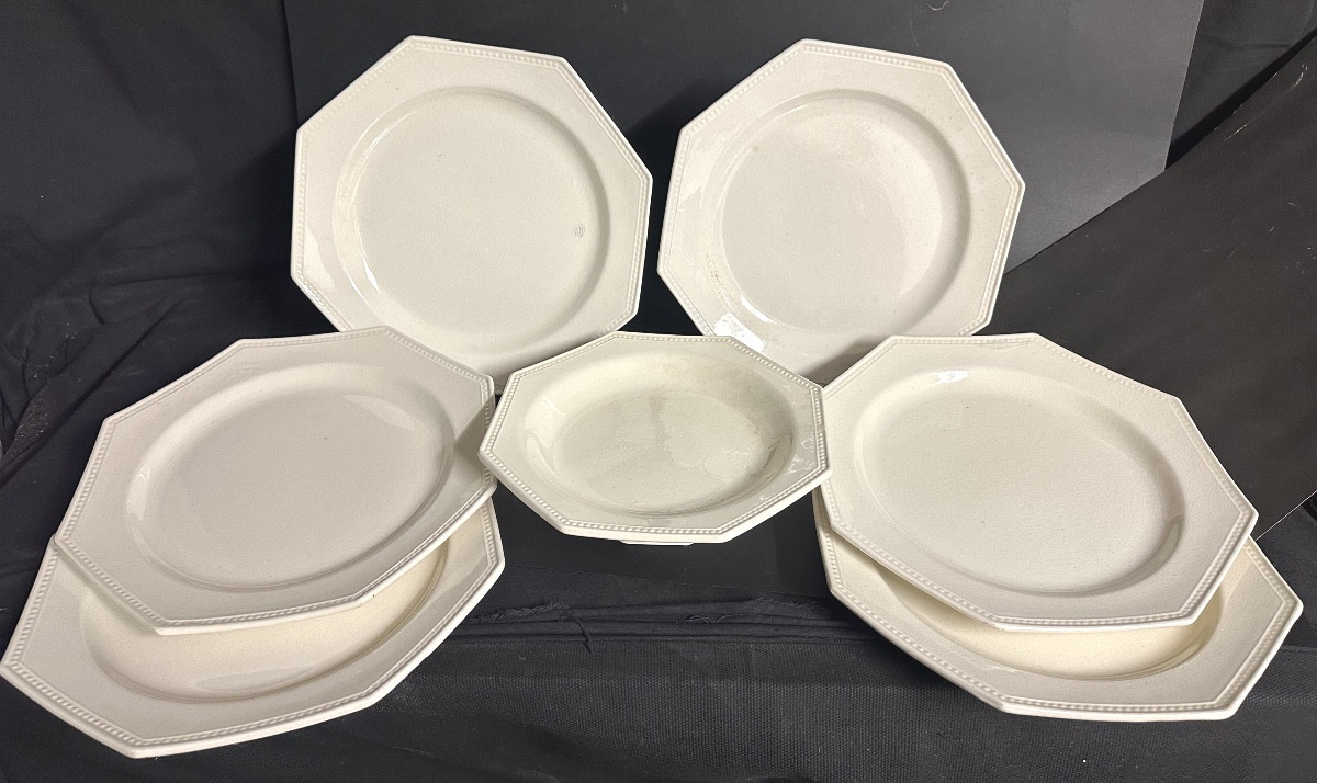 MONTEREAU XIXe Modèle PERLES 6 assiettes + 1 coupe sur pied Faïence fine signée-photo-2