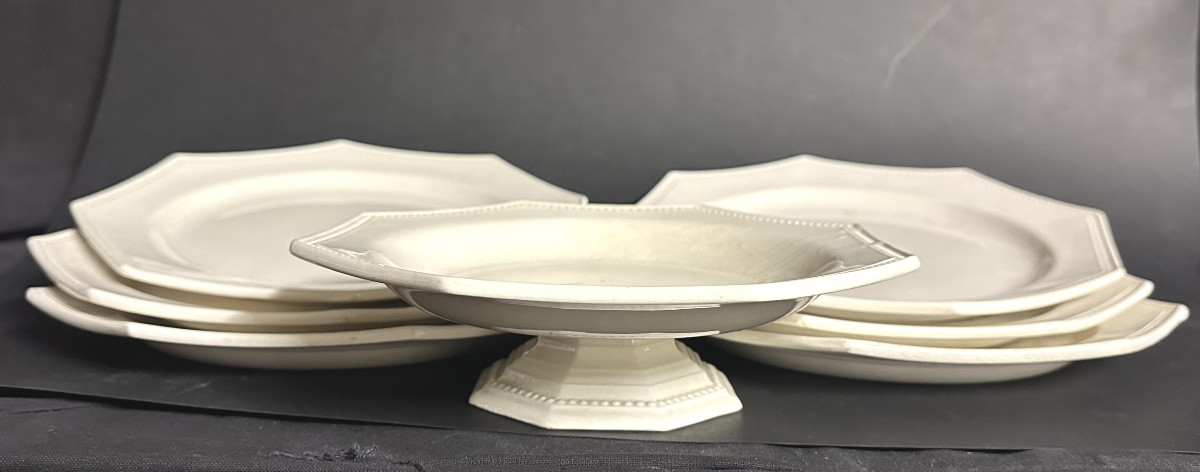 MONTEREAU XIXe Modèle PERLES 6 assiettes + 1 coupe sur pied Faïence fine signée-photo-3