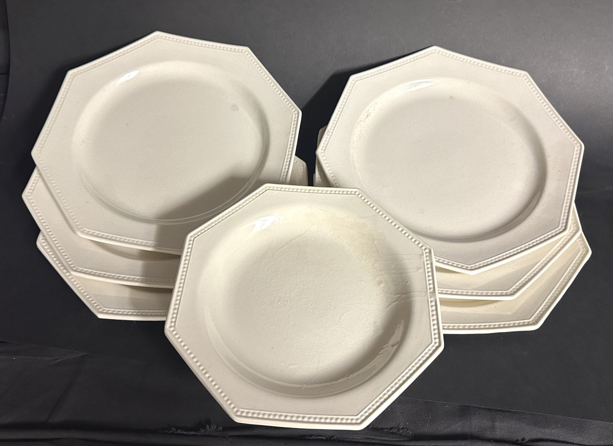 MONTEREAU XIXe Modèle PERLES 6 assiettes + 1 coupe sur pied Faïence fine signée-photo-4