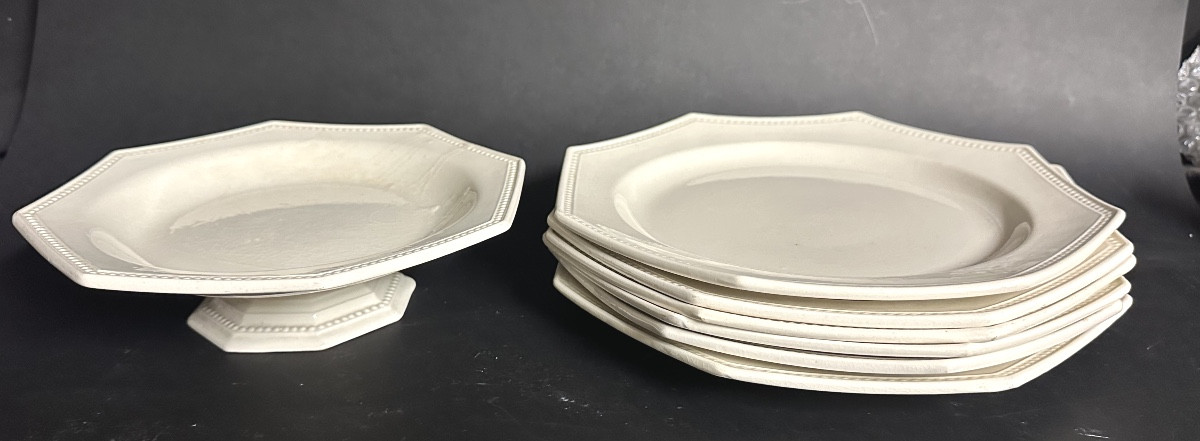 MONTEREAU XIXe Modèle PERLES 6 assiettes + 1 coupe sur pied Faïence fine signée-photo-6