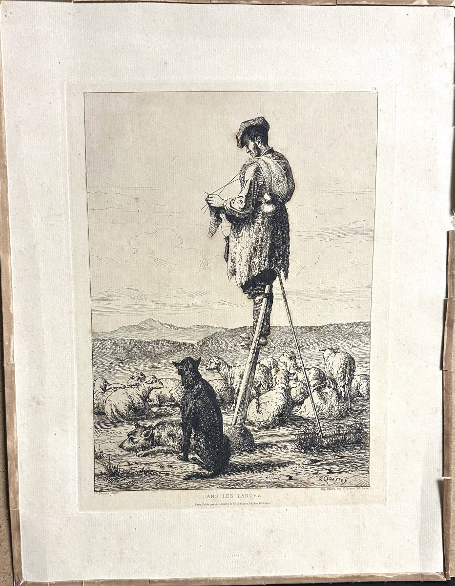 Armand QUEYROY 1830-1893 DANS LES LANDES 1863 Eau forte échasses-photo-2