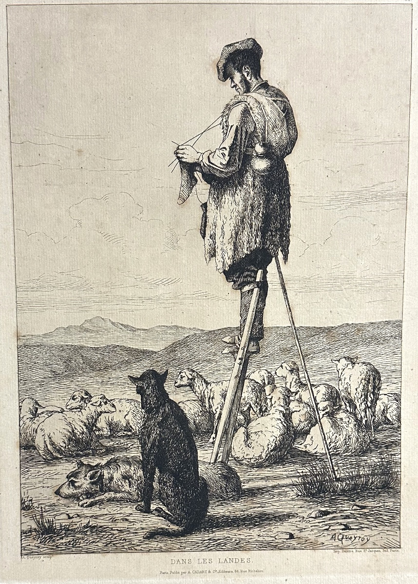 Armand QUEYROY 1830-1893 DANS LES LANDES 1863 Eau forte échasses-photo-3