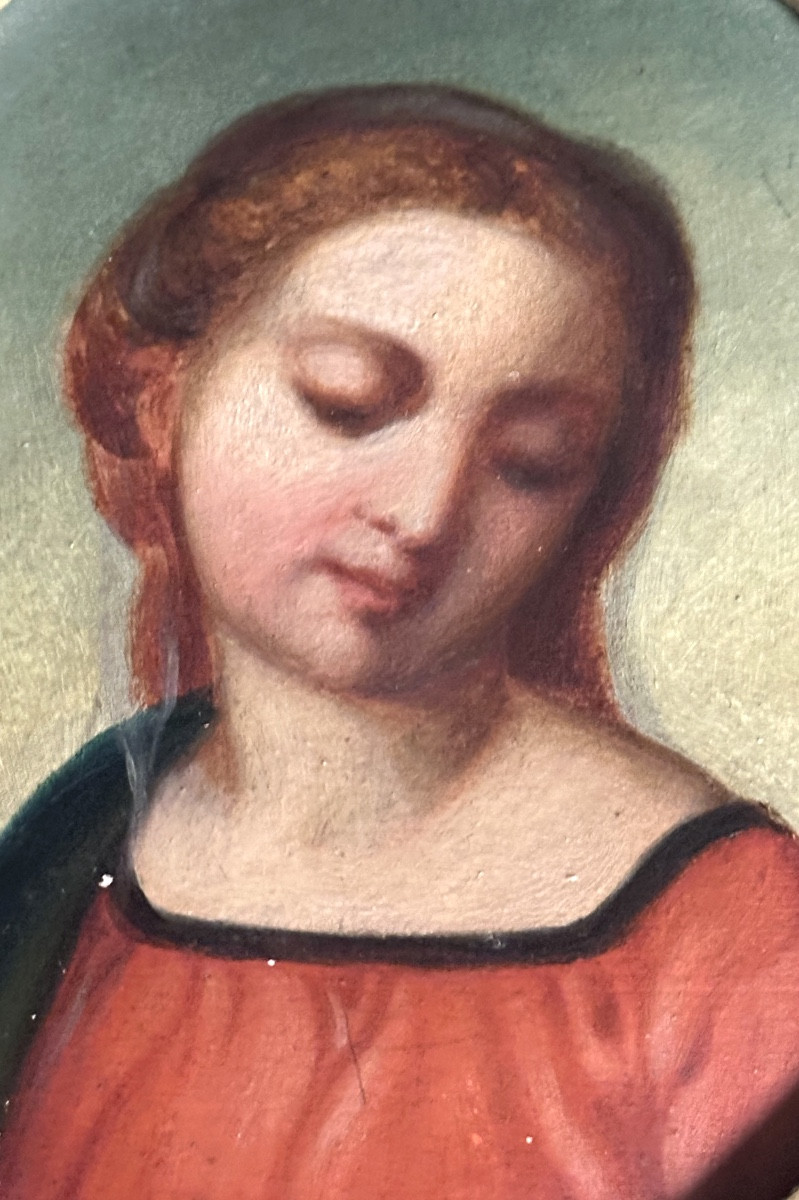 19th-century Oil Painting Of The Madonna In A Red Robe In Its Oval Frame -photo-3