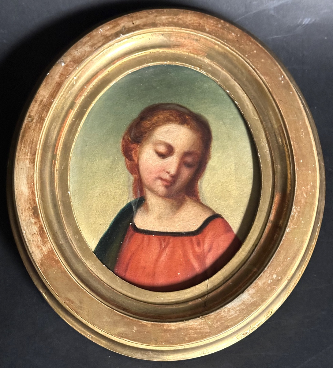 19th-century Oil Painting Of The Madonna In A Red Robe In Its Oval Frame 