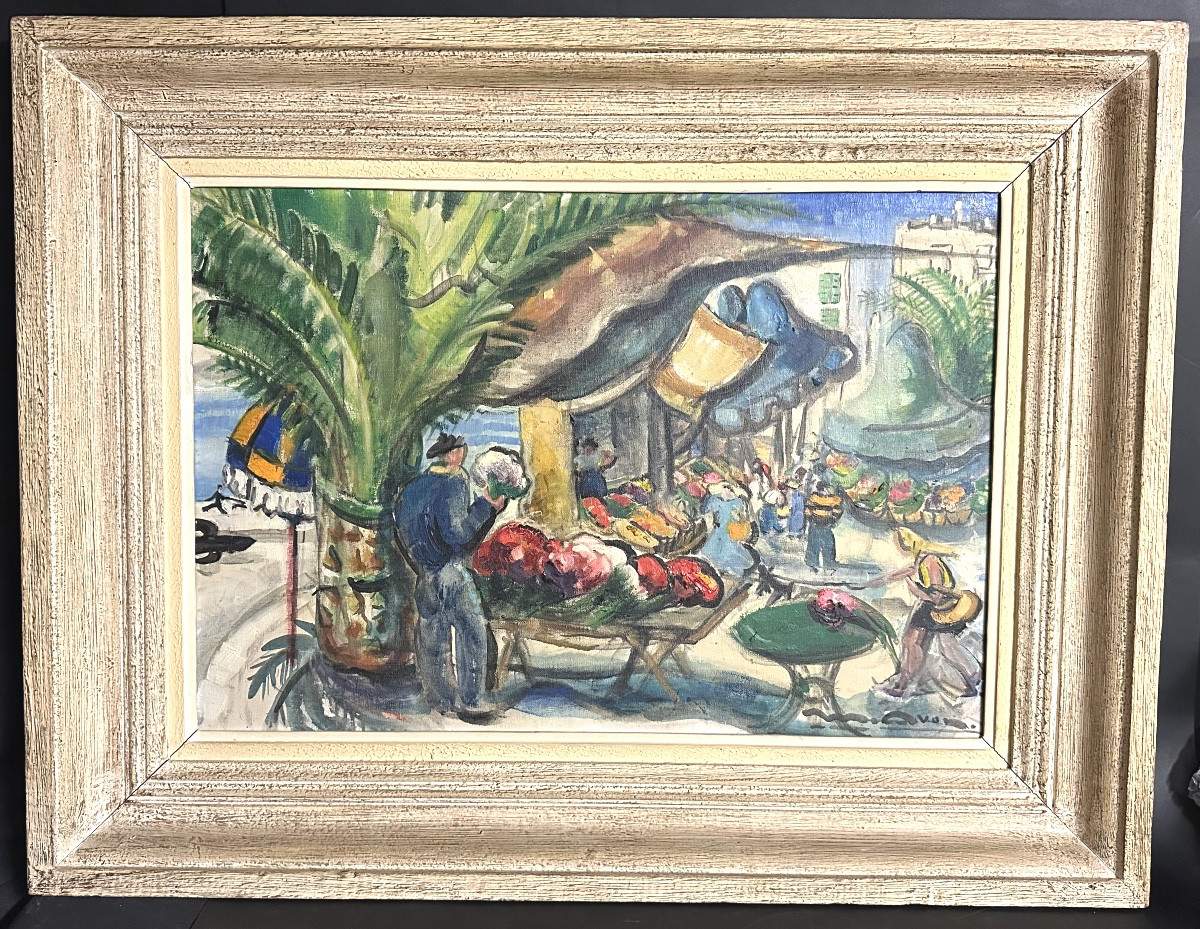Flower Market In Provence, Oil Painting Signed (?), Art Deco Period-photo-2