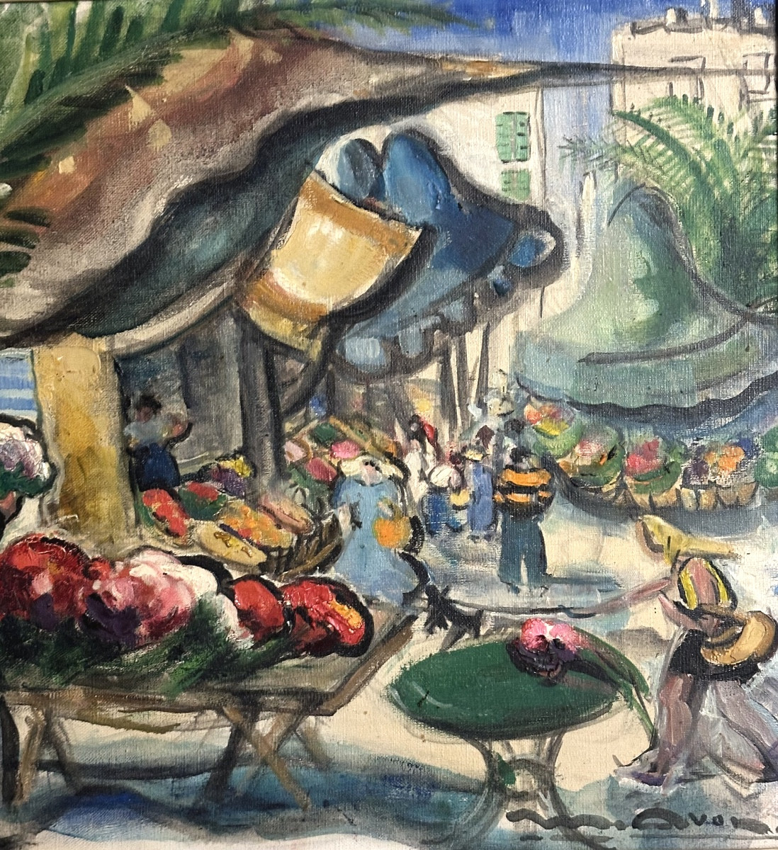 Flower Market In Provence, Oil Painting Signed (?), Art Deco Period-photo-1