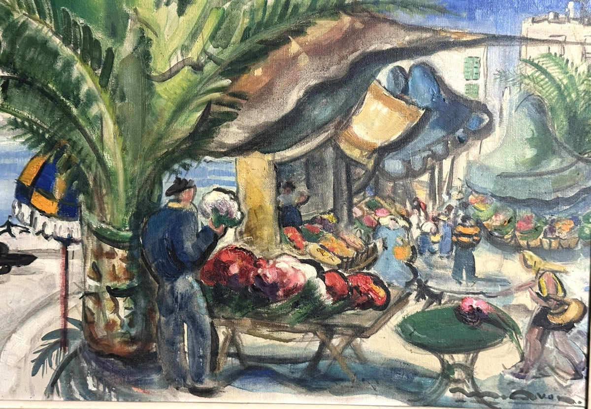 Flower Market In Provence, Oil Painting Signed (?), Art Deco Period