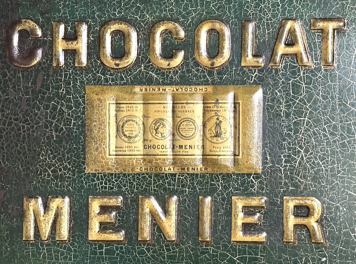 CHOCOLAT MENIER Plaque publicitaire 1900 en tôle lithographiée Pub-photo-3