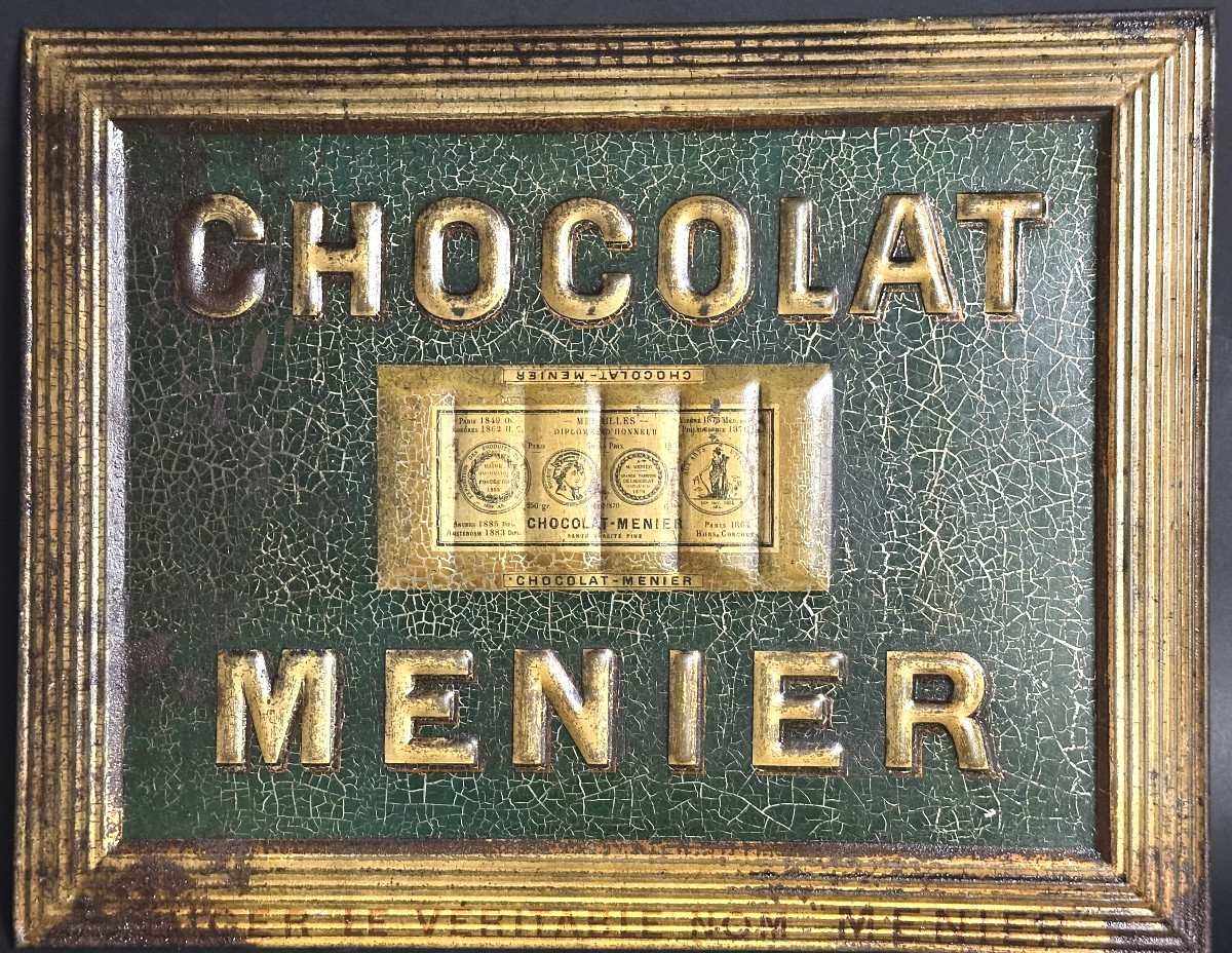 CHOCOLAT MENIER Plaque publicitaire 1900 en tôle lithographiée Pub