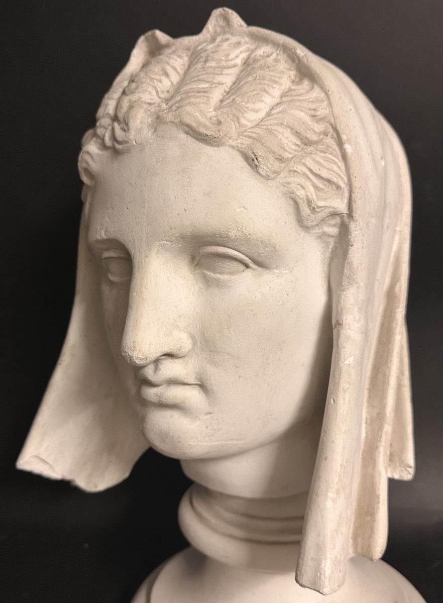 Large Plaster Bust Of Beatrice, 19th Century, After Antonio Canova, Plaster On A Studio Pedestal-photo-4