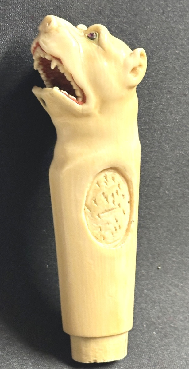 19th Century Dog-shaped Collectible Walking Stick Handle With Glass Eyes-photo-2