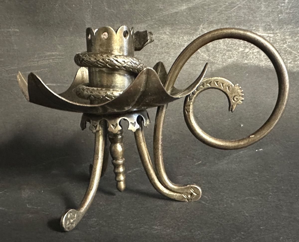 Curieux bougeoir en fer forgé 19e ou 18e Serpent et tête de coq Curiosité -photo-3