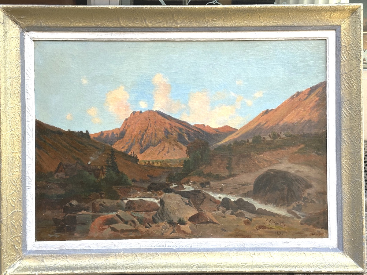 Louis GUIGUET 1861-1928 Grande huile 1893 Paysage montagneux en Briançonnais Dauphiné Alpes -photo-2