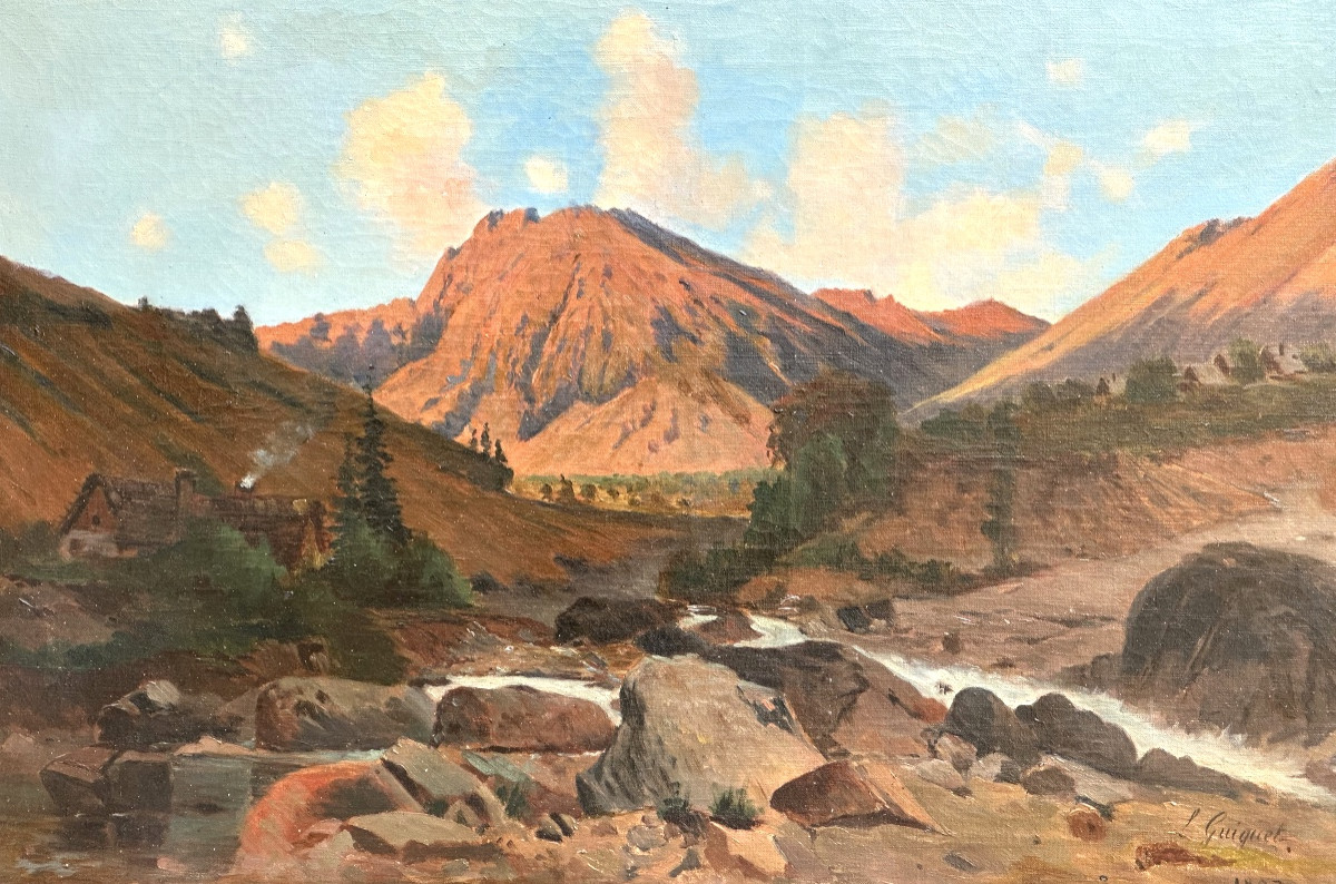 Louis GUIGUET 1861-1928 Grande huile 1893 Paysage montagneux en Briançonnais Dauphiné Alpes 