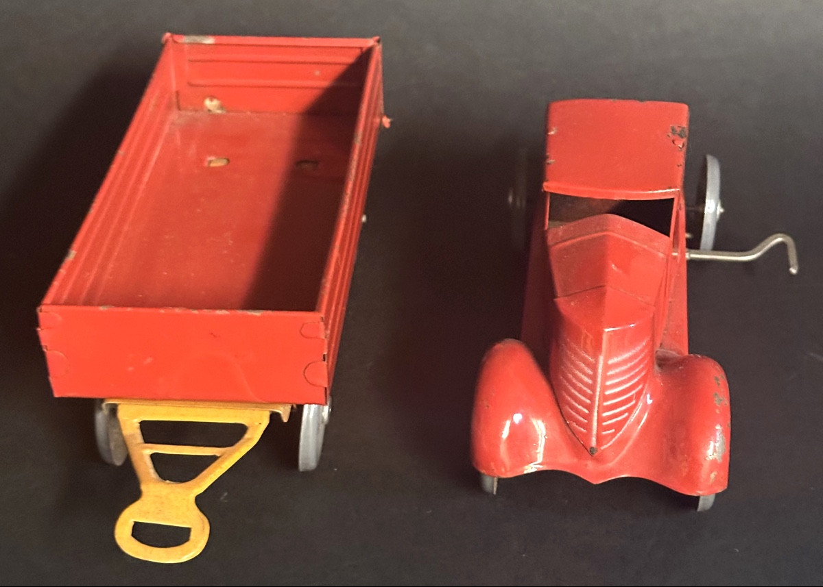 Rare Red Lithographed Tinplate Tractor Truck And Trailer, Citroën Toy /20-photo-3