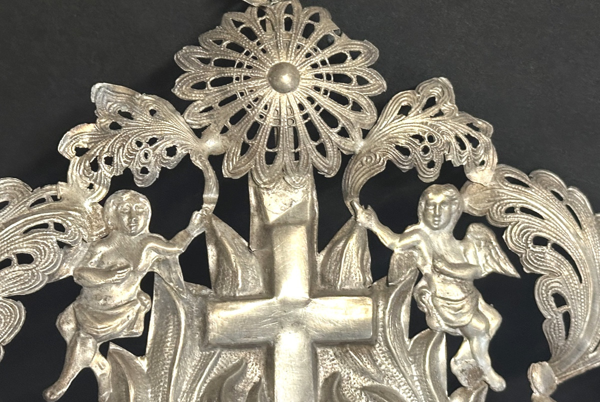 Very Large 37cm Silver Heart-shaped Angel Ex-voto Unhallmarked Valentine's Day Love Ex-voto-photo-3