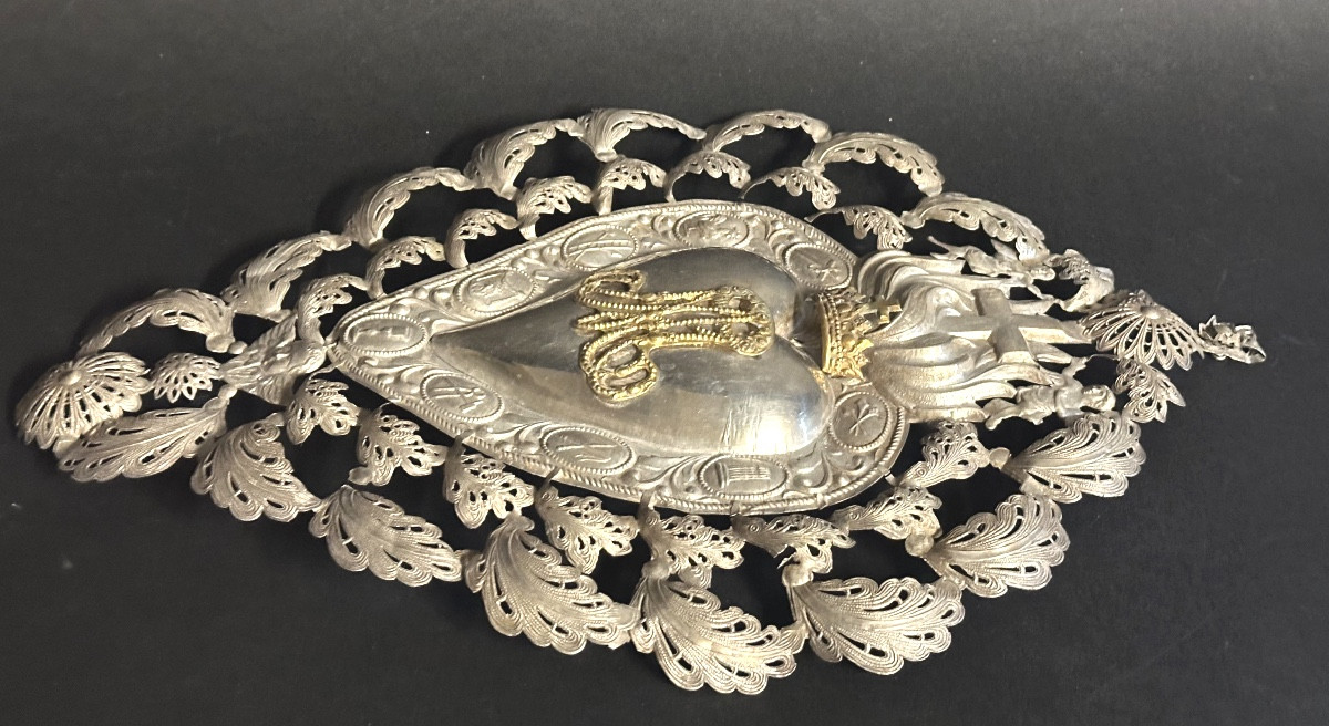 Very Large 37cm Silver Heart-shaped Angel Ex-voto Unhallmarked Valentine's Day Love Ex-voto-photo-1