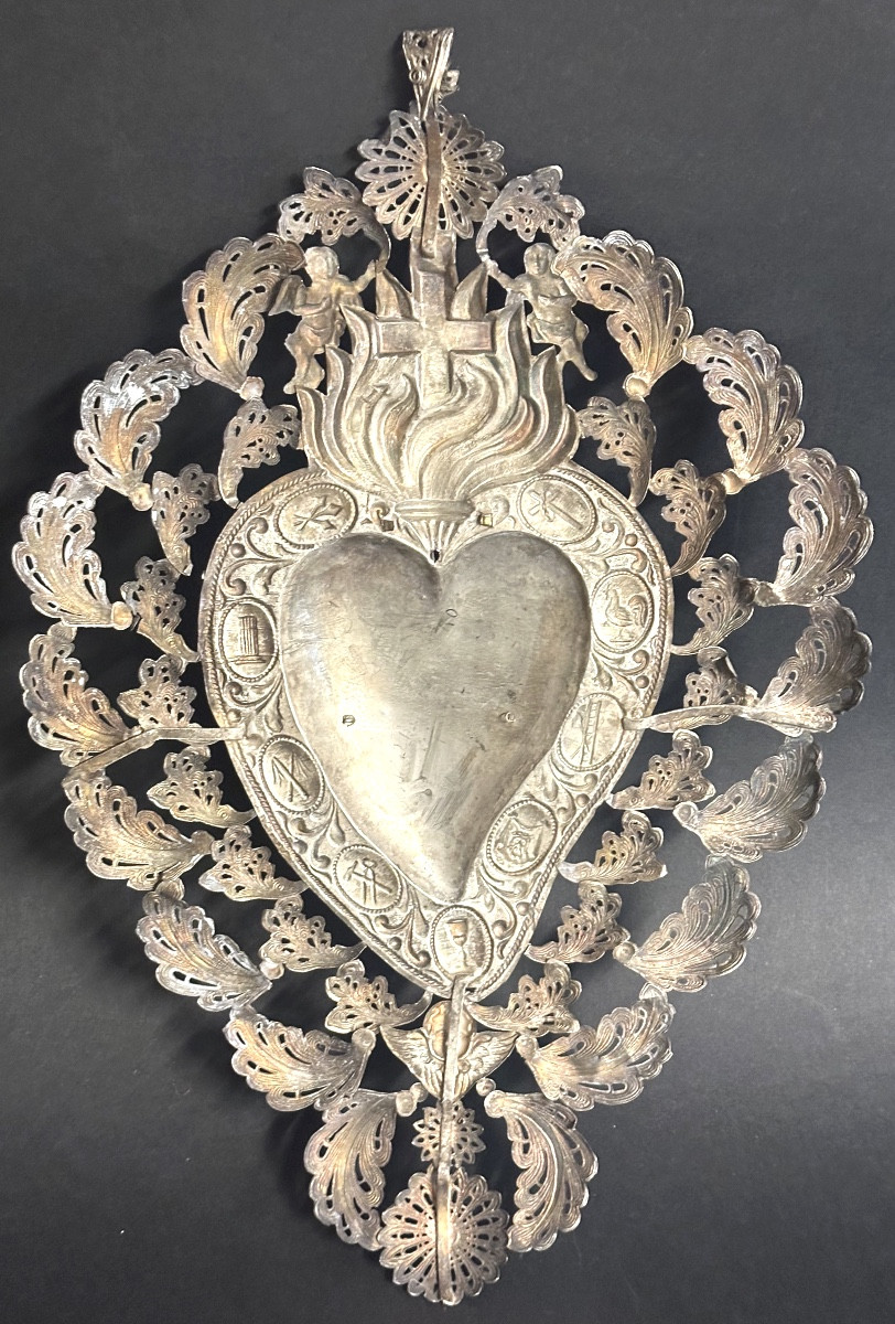 Very Large 37cm Silver Heart-shaped Angel Ex-voto Unhallmarked Valentine's Day Love Ex-voto-photo-7